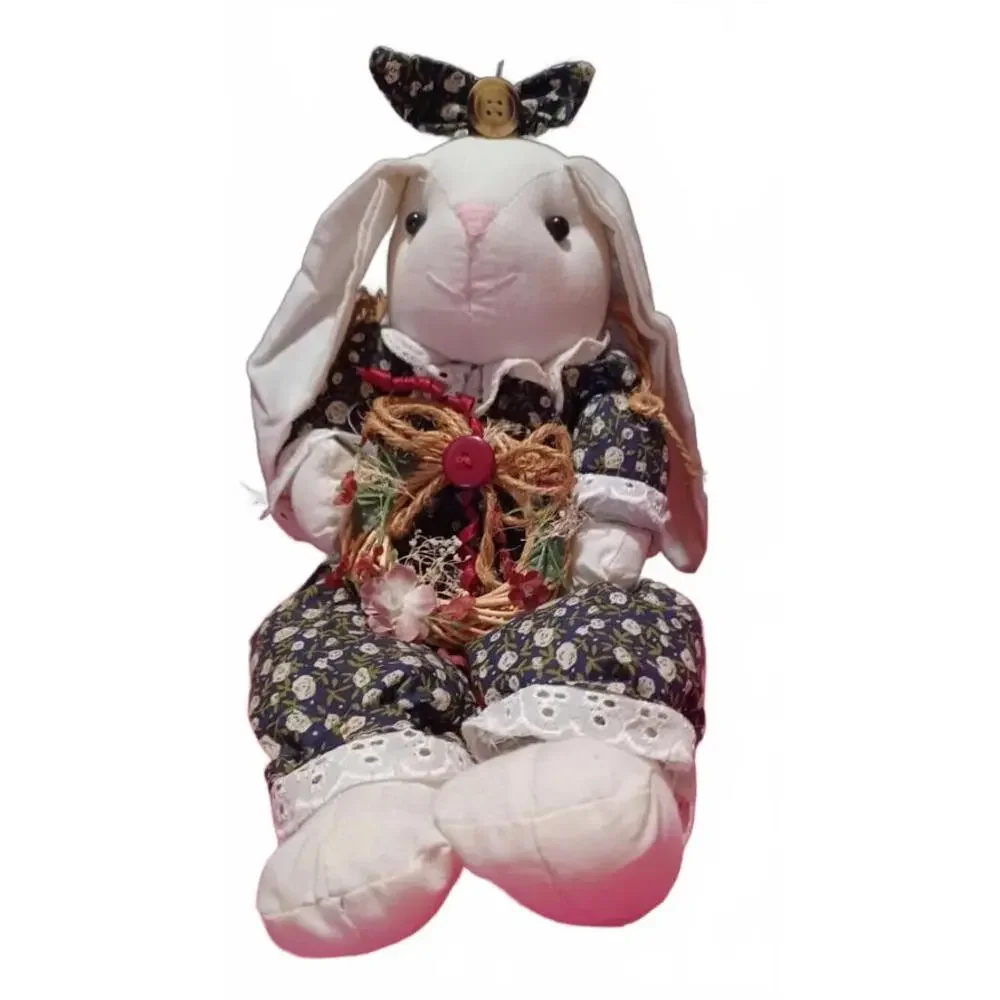 Handmade Stuffed Bunny Rabbit Carrying Wreath of Flowers - Picture 1 of 3